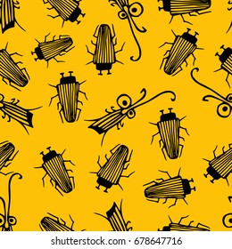 Seamless bugs cartoon pattern. Bright bugs cartoon pattern in thin line style. Infinitely repeating motif of natural forms. Vector doodle illustration.