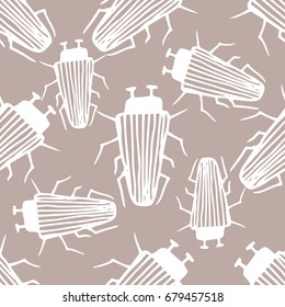 Seamless bugs cartoon pattern. Pastel bugs cartoon pattern in thin line style. Infinitely repeating motif of natural forms. Vector doodle illustration.
