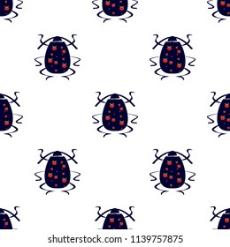 Seamless bugs cartoon pattern. Bugs cartoon pattern in thin line style. Background with happy cartoon insects. Beetles striped and polka dots. Colorful hand drawn print. Vector doodle illustration.