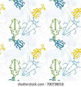 Seamless bugs cartoon pattern. Bugs cartoon pattern in thin line style. Background with happy cartoon insects. Colorful hand drawn print. Vector doodle illustration.
