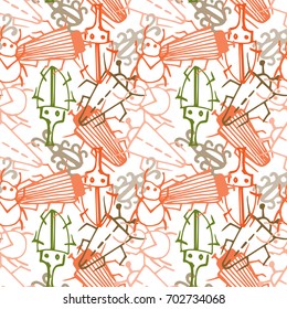 Seamless bugs cartoon pattern. Bugs cartoon pattern in thin line style. Background with happy cartoon insects. Colorful hand drawn print. Vector doodle illustration.