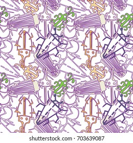 Seamless bugs cartoon pattern. Bugs cartoon pattern in thin line style. Background with happy cartoon insects. Colorful hand drawn print. Vector doodle illustration.