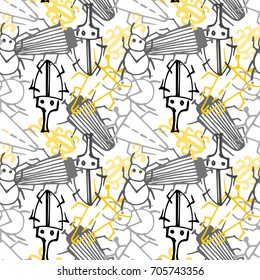 Seamless bugs cartoon pattern. Bugs cartoon pattern in thin line style. Background with happy cartoon insects. Colorful hand drawn print. Vector doodle illustration.