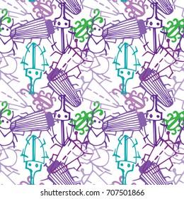 Seamless bugs cartoon pattern. Bugs cartoon pattern in thin line style. Background with happy cartoon insects. Colorful hand drawn print. Vector doodle illustration.