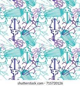 Seamless bugs cartoon pattern. Pattern in thin line style. Background with happy cartoon insects. Colorful hand drawn print. Vector doodle illustration.