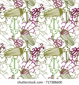 Seamless bugs cartoon pattern. Bugs cartoon pattern in thin line style. Background with happy cartoon insects. Colorful hand drawn print. Vector doodle illustration.