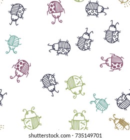 Seamless bugs cartoon pattern. Bugs cartoon pattern in thin line style. Background with happy cartoon insects. Beetles striped and polka dots. Colorful hand drawn print. Vector doodle illustration.