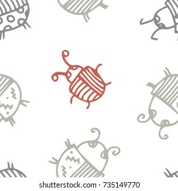 Seamless bugs cartoon pattern. Bugs cartoon pattern in thin line style. Background with happy cartoon insects. Beetles striped and polka dots. Colorful hand drawn print. Vector doodle illustration.