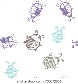 Seamless bugs cartoon pattern. Bugs cartoon pattern in thin line style. Background with happy cartoon insects. Beetles striped and polka dots. Colorful hand drawn print. Vector doodle illustration.