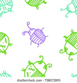 Seamless bugs cartoon pattern. Bugs cartoon pattern in thin line style. Background with happy cartoon insects. Beetles striped and polka dots. Colorful hand drawn print. Vector doodle illustration.