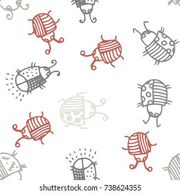 Seamless bugs cartoon pattern. Bugs cartoon pattern in thin line style. Background with happy cartoon insects. Beetles striped and polka dots. Colorful hand drawn print. Vector doodle illustration.