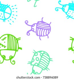 Seamless bugs cartoon pattern. Bugs cartoon pattern in thin line style. Background with happy cartoon insects. Beetles striped and polka dots. Colorful hand drawn print. Vector doodle illustration.