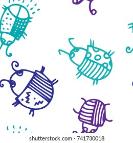 Seamless bugs cartoon pattern. Bugs cartoon pattern in thin line style. Background with happy cartoon insects. Beetles striped and polka dots. Colorful hand drawn print. Vector doodle illustration.