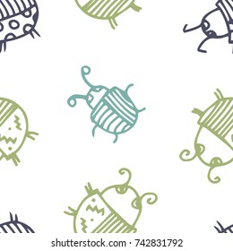 Seamless bugs cartoon pattern. Bugs cartoon pattern in thin line style. Background with happy cartoon insects. Beetles striped and polka dots. Colorful hand drawn print. Vector doodle illustration.