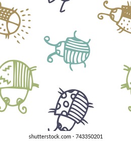 Seamless bugs cartoon pattern. Bugs cartoon pattern in thin line style. Background with happy cartoon insects. Beetles striped and polka dots. Colorful hand drawn print. Vector doodle illustration.