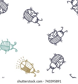 Seamless bugs cartoon pattern. Bugs cartoon pattern in thin line style. Background with happy cartoon insects. Beetles striped and polka dots. Colorful hand drawn print. Vector doodle illustration.