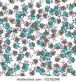 Seamless bugs cartoon pattern. Bugs cartoon pattern in thin line style. Background with happy cartoon insects. Beetles striped and polka dots. Colorful hand drawn print. Vector doodle illustration.