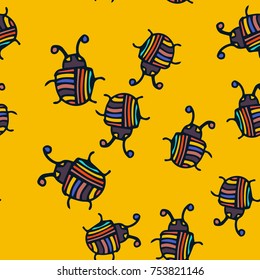 Seamless bugs cartoon pattern. Bugs cartoon pattern in thin line style. Background with happy cartoon insects. Beetles striped and polka dots. Colorful hand drawn print. Vector doodle illustration.