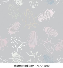 Seamless bugs cartoon pattern. Bugs cartoon pattern in thin line style. Background with happy cartoon insects. Colorful hand drawn print. Vector doodle illustration.