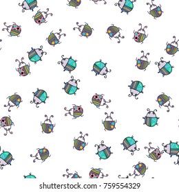 Seamless bugs cartoon pattern. Bugs cartoon pattern in thin line style. Background with happy cartoon insects. Beetles striped and polka dots. Colorful hand drawn print. Vector doodle illustration.