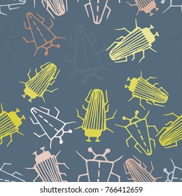 Seamless bugs cartoon pattern. Bugs cartoon pattern in thin line style. Background with happy cartoon insects. Colorful hand drawn print. Vector doodle illustration.