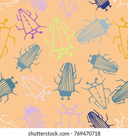 Seamless bugs cartoon pattern. Bugs cartoon pattern in thin line style. Background with happy cartoon insects. Colorful hand drawn print. Vector doodle illustration.