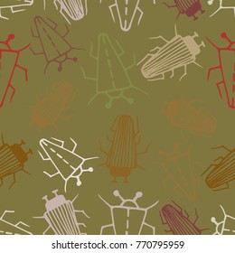 Seamless bugs cartoon pattern. Bugs cartoon pattern in thin line style. Background with happy cartoon insects. Colorful hand drawn print. Vector doodle illustration.