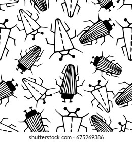 Seamless bugs cartoon pattern.Black and white bugs cartoon pattern in thin line style. Infinitely repeating motif of natural forms. Vector doodle illustration.