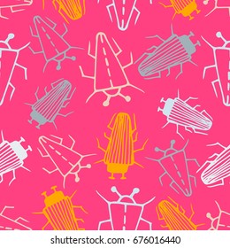 Seamless bugs cartoon pattern.Bugs cartoon pattern in thin line style. Infinitely repeating motif of natural forms. Vector doodle illustration.