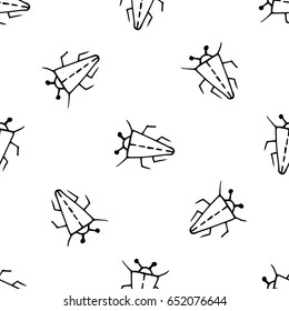 Seamless bugs pattern. Bugs pattern in thin line style. Funny beetles. Black and white vector doodle illustration.