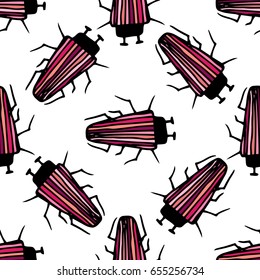 Seamless bugs pattern. Bugs pattern in thin line style. Funny beetles. Vector doodle illustration.