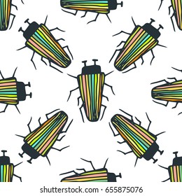Seamless bugs pattern. Bugs pattern in thin line style. Funny beetles. Vector doodle illustration.