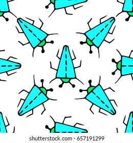 Seamless bugs pattern. Bugs pattern in thin line style. Funny blue beetles. Colorful doodle illustration. Pen strokes background. Beetles triangular shape. Vector illustration.