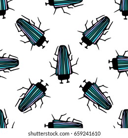 Seamless bugs pattern. Bugs pattern in thin line style. Funny beetles. Vector doodle illustration.