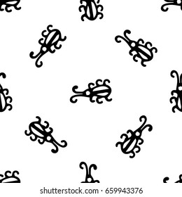 Seamless bugs pattern. Bugs pattern in thin line style. Funny beetles. Infinitely repeating motif of natural forms. Vector doodle illustration.