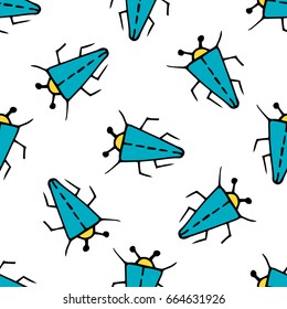 Seamless bugs pattern. Bugs pattern in thin line style. Funny blue beetles. Colorful doodle illustration. Pen strokes background. Beetles triangular shape. Vector illustration.