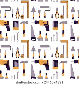 Seamless builder tools pattern. Construction tools, icons texture pattern. Repair instruments, wallpaper template. Cartoon building equipment background in flat style. vector illustration