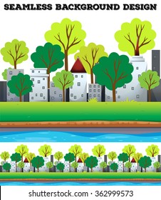 Edificios y árboles sin mar a lo largo de la ilustración del río