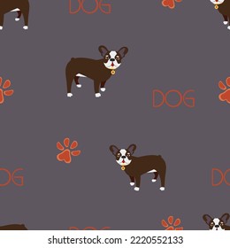 seamless bulldog pattern, bone, trace pattern on dark background