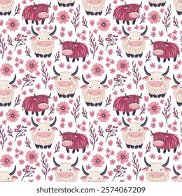 Seamless bulls, cows pattern. pink flowers, branches, pastel universal elegant decorative modern rustic countryside repeat, charming gentle stylish cozy soft bright minimal natural aesthetic