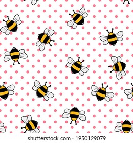 Seamless bumblebee vector pattern. Repeat spring insect background with cute bee elements. Trendy pink polka dots summer bees fashion print design. Modern illustration.