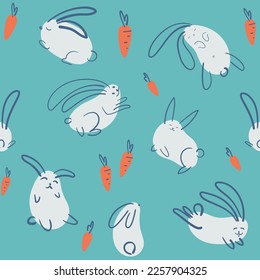 Seamless bunnies pattern. Simple hand drawn pattern of rabbits and carrots as spots and lines