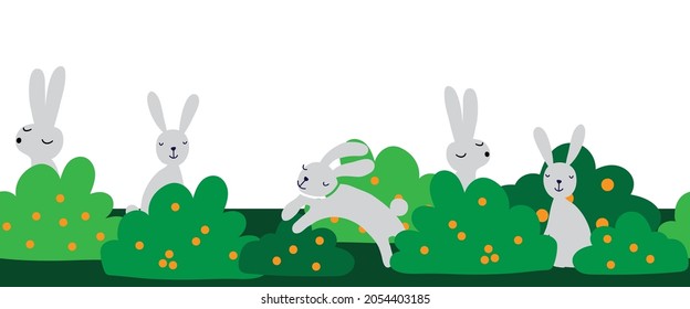 Seamless bunny border cute vector illustration. Repeating pattern with rabbits hiding between bushes. Childish cartoon kids banner for children decor, footer, wall decal, Easter card.