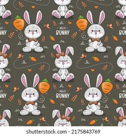 Seamless Bunny Pattern With Carrot Balloon, Cute Rabbit Cartoon Illustration