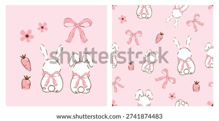 Seamless bunny pattern with cute rabbits, pink bows and carrots on pastel background vector.