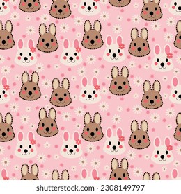 Seamless bunny pattern with cute, white and brown rabbits on floral pink background. Perfect for textile, wallpaper or print design.