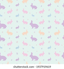Seamless bunny pattern with eggs. Pastel hand drawn illustration. Vector bunny background.