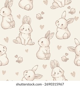 Padrão de coelho sem costura, desenhado à mão design vetorial, coelhos pastel bonito para crianças têxteis e papel de parede.