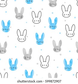 Seamless bunny pattern. Vector background with blue and grey rabbits.