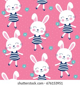 seamless bunny rabbit with flowers pattern vector illustration